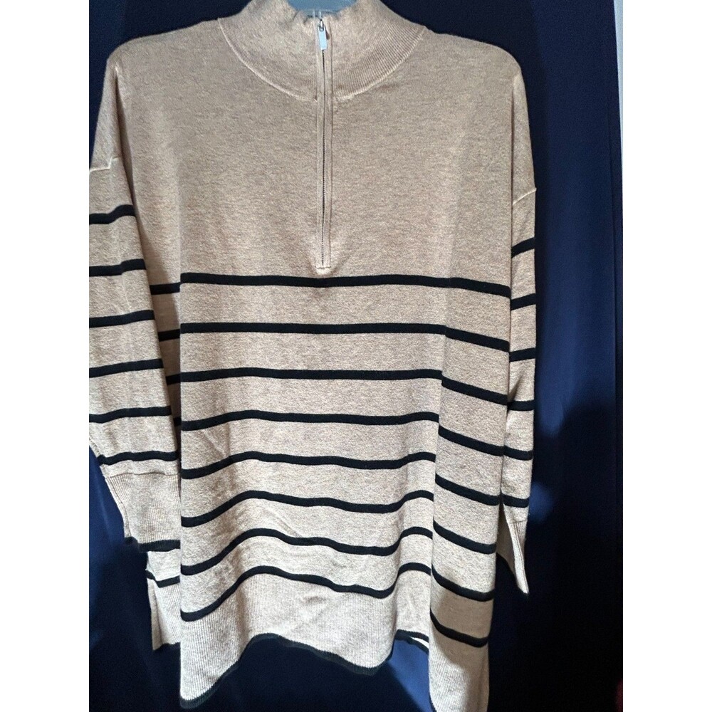 Ava Viv Half Zip Sweater 2X Tan Black Striped Ribbed Pullover Split Hem EUC
